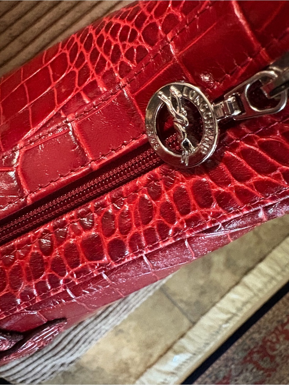 Longchamp- Red Croc-Embossed Leather Shoulder Bag - Picture 3 of 6